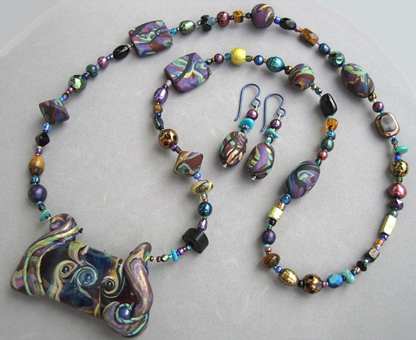 polymer clay and lampwork glass beaded necklace set