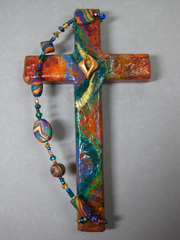 polymer clay descending dove on collage wall cross