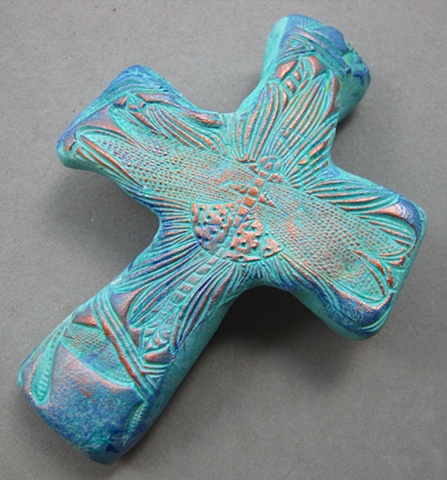 polymer clay hand cross with dragonfly impression