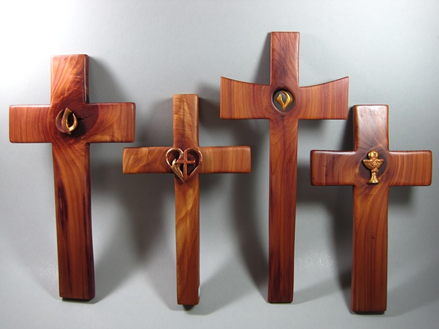 4 CEDAR CROSSES WITH 
POLYMER CLAY SYMBOLS