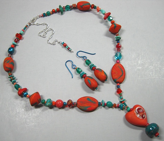 necklace & earring set/ orange & turquoise