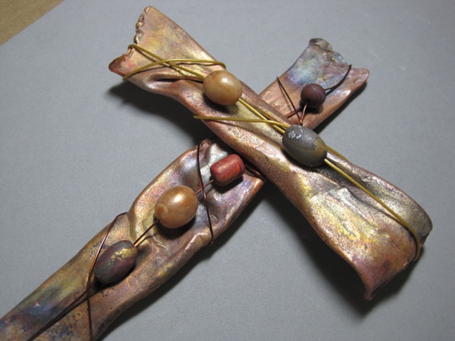 copper cross with polymer clay beads
