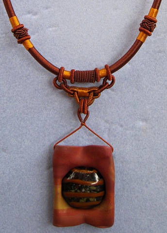 polymer clay pendant w/ lampwork cab feature on cord necklace