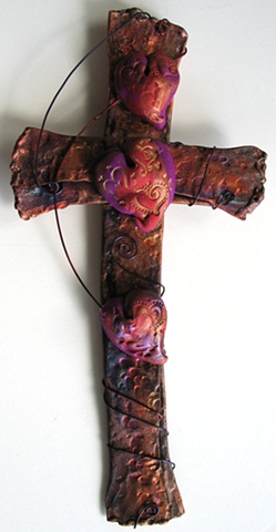 copper wall cross embellished with wire & polymer clay hearts 