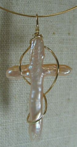 14K WIRE WRAPPED PEARL CROSS (SOLD)
