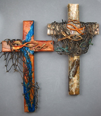 fishers of men wall cross collage and polymer clay Nancy Denmark Patti Reed