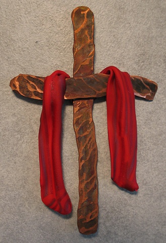 COPPER CROSS WITH RED SHROUD (SOLD)