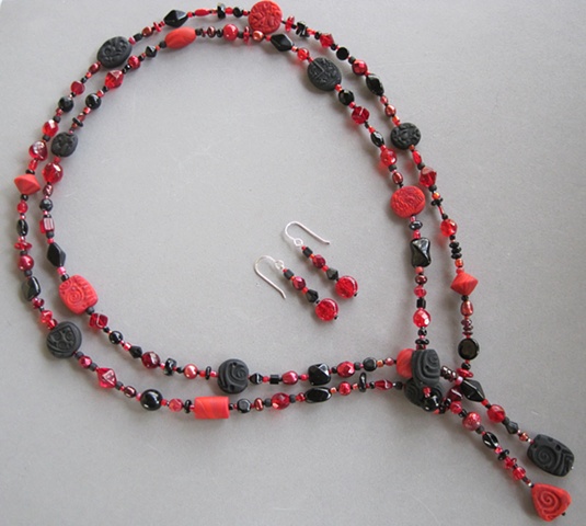 black red textured polymer clay beaded lariat