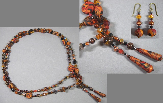 tigereye lariat polymer clay beads by Nancy Denmark