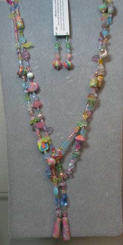 polymer clay beaded lariat in icy shades of sherbet Nancy Denmark