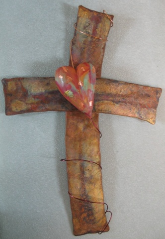 COPPER AND CLAY CROSS W/ HEART (SOLD)