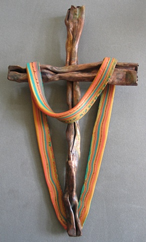 SHROUDED CROSS W/ GOLD, TURQUOISE, & ORANGE
