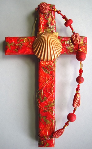 BAPTISMAL SHELL
ON RED COLLAGE CROSS