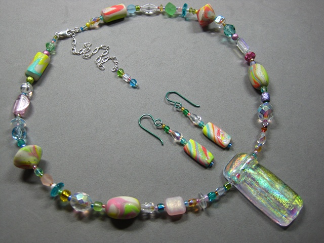 fused dichroic glass pendant on polymer clay beaded necklace set Nancy Denmark
