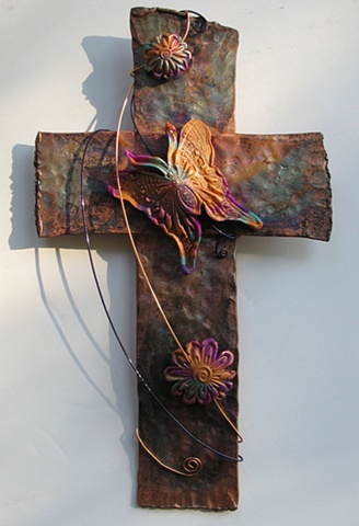 copper wall cross with polymer clay butterfly & flower embellishment