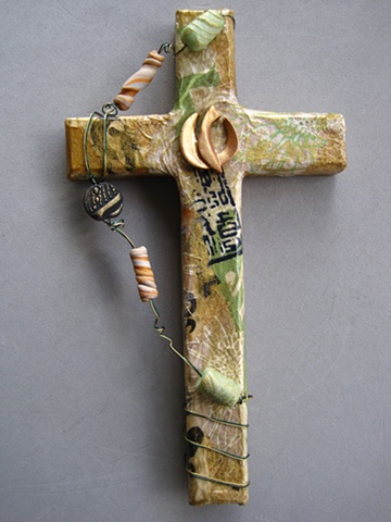 descending dove on collage wall cross beads wire Nancy Denmark Patti Reed art