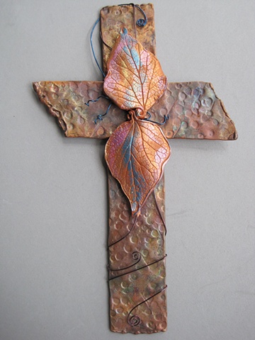 copper wall cross with polymer clay leaves