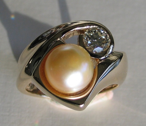 Golden Pearl and Diamond Ring