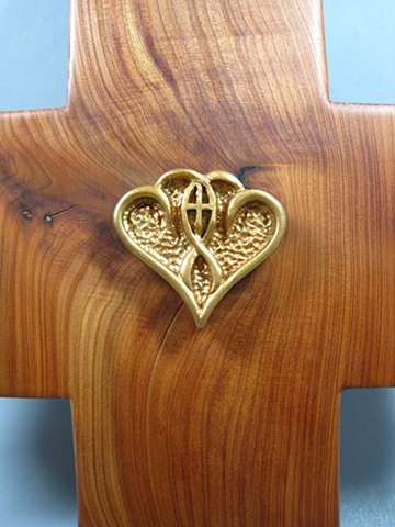 ONE IN THE SPIRIT POLYMER CLAY SYMBOL ON CEDAR CROSS 
CLOSE UP VIEW