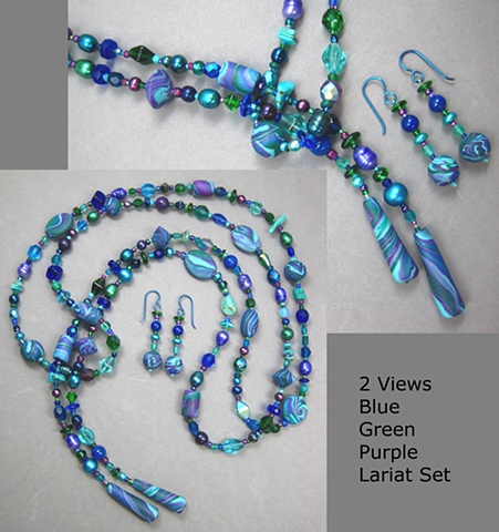 polymer clay beaded lariat necklace set teal blue green purple by Nancy Denmark