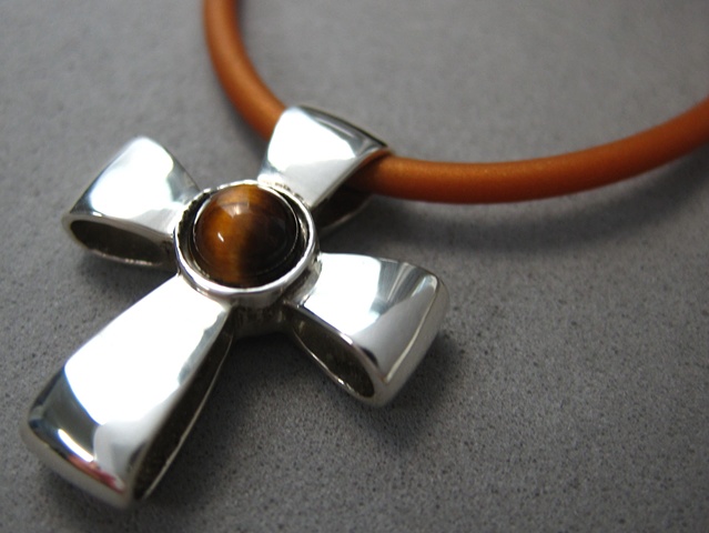 sterling silver ribbon cross with tigereye by Nancy Denmark