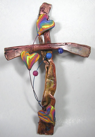 copper cross with polymer clay hearts by Nancy Denmark & Ken Webb