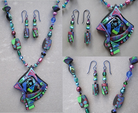polymer clay pendant necklace featuring fused glass focal