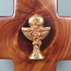 BREAD OF THE WORLD, WINE OF THE SOUL POLYMER CLAY SYMBOL ON CEDAR CROSS CLOSE UP VIEW