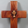 BREAD OF THE WORLD, WINE OF THE SOUL POLYMER CLAY SYMBOL ON CEDAR CROSS FULL VIEW