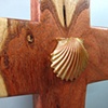 ONE LORD, ONE FAITH, ONE BAPTISM 
POLYMER CLAY SHELL ON MESQUITE 
CROSS CLOSE UP VIEW