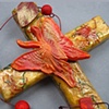 BUTTERFLY WITH LEAVES
ON RED & GOLD COLLAGE CROSS 

