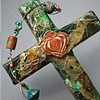 BURSTING POMEGRANATE QUATREFOIL ON GREEN & BRONZE COLLAGE CROSS