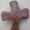 BLUE ON BROWN HAND CROSS WITH LEAF IMPRESSIONS (SOLD)