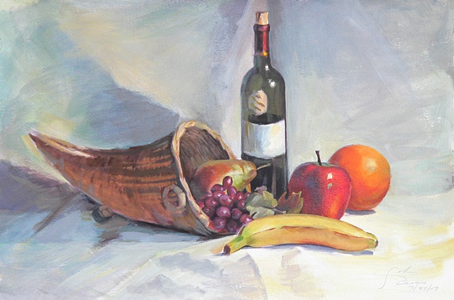 Fruit, basket,& wine