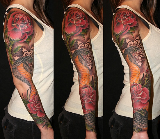 Rose and cobra sleeve. Snake