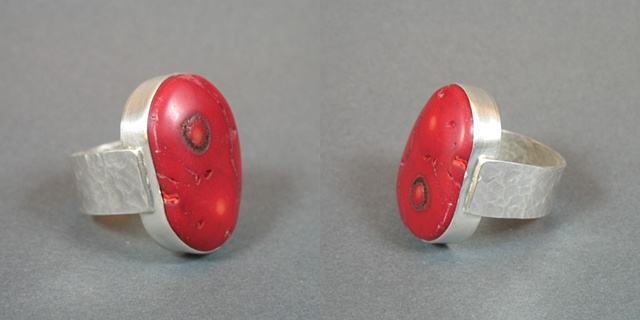 Large Red Coral and Silver Ring
