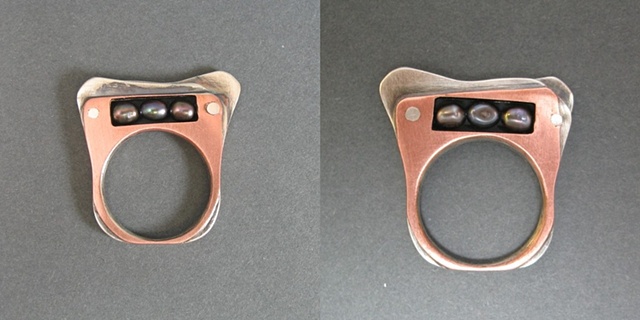 Silver and Copper Ring with Black Pearls
