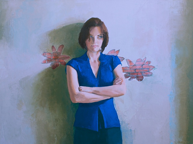 Female figure with lotus flowers painted in oil with mixed media collage by North Carolina artist Richard Garrison