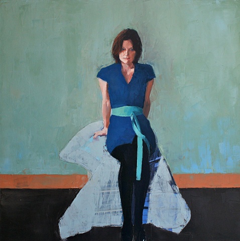 seated figurative mixed media painting of female figure in oil and collage by North Carolina artist Richard Garrison