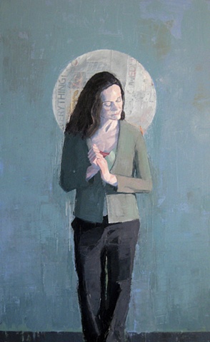 Female figure painted in oil and mixed media collage about divinity in everyone by North Carolina artist Richard Garrison