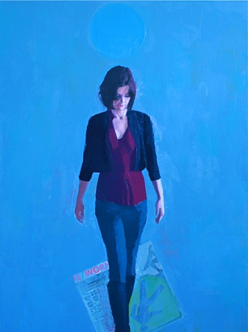 figurative oil painting of female figure walking with collage by North Carolina artist Richard Garrison
