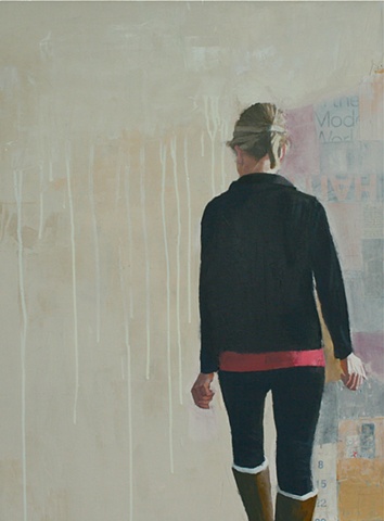 figurative oil painting of female figure walking with collage by North Carolina artist Richard Garrison