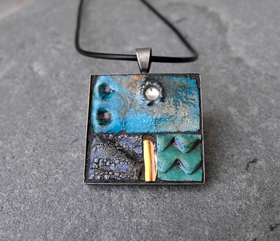 mosaic pendant necklace blue teal copper