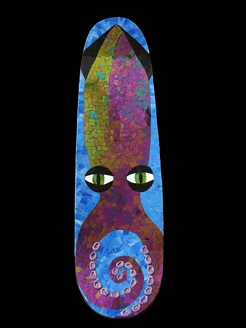stained glass mosaic of a squid on a skateboard