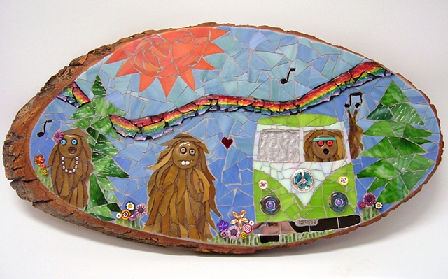 stained glass mosaic hippy sasquatch VW van