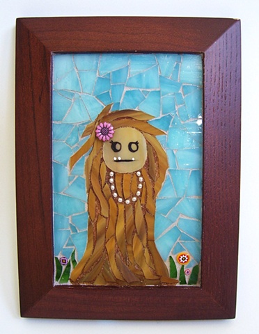 stained glass mosaic of a Sasquatch girl