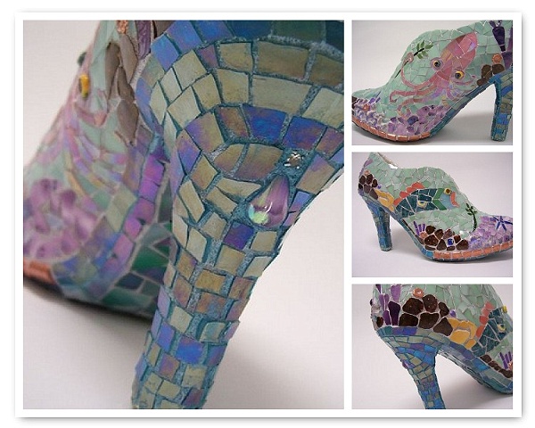 stained glass mosaic shoe sculpture pink octopus