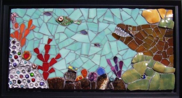 stained glass mosaic of a moray eel and coral reef