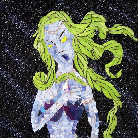 stained glass mosaic portrait of a zombie mermaid wraith