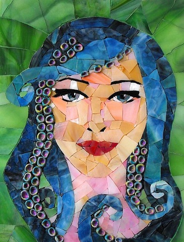 stained glass mosaic portrait of a girl with octopus tentacles for hair